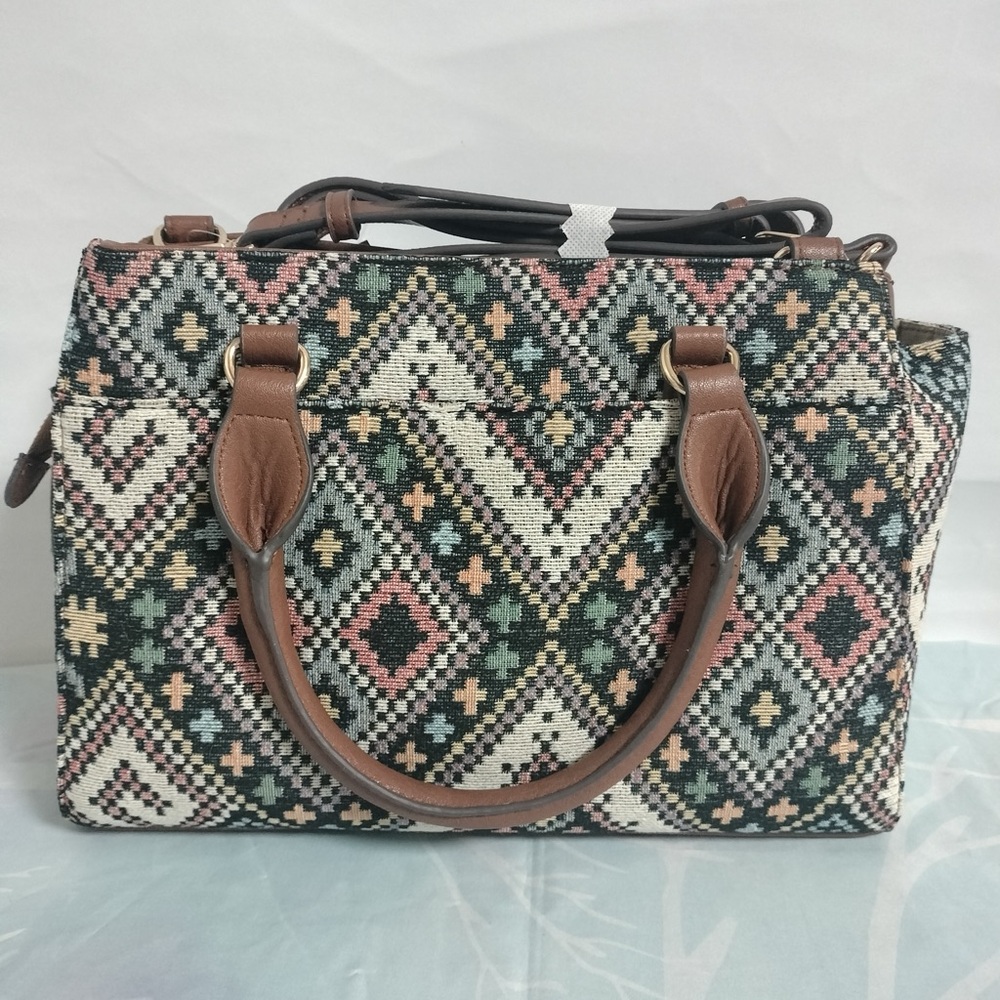 Rosetti Geometric Patterned Satchel with Brown Ac… - image 2